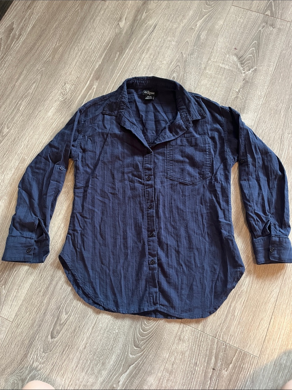 Eclipse 100% cotton Navy Blue Textured Button-Up long sleeve Shirt XS
